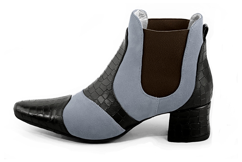 Satin black, mouse grey and dark brown women's ankle boots, with elastics. Round toe. Low flare heels. Profile view - Florence KOOIJMAN